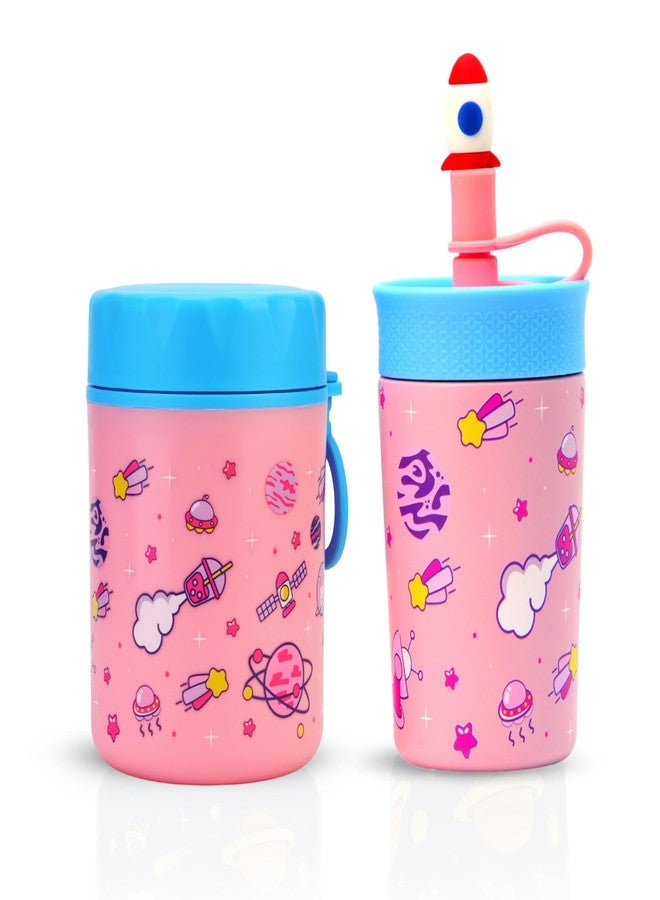 ONE AND ONLY علبة طعام واحدة فقط معزولة بتفريغ الهواء وكوب للأطفال والفتيات - علبة غداء من الفولاذ المقاوم للصدأ مانعة للتسرب، خالية من مادة BPA، عبوة من قطعتين سعة 480 مل (وردي) - Image 1